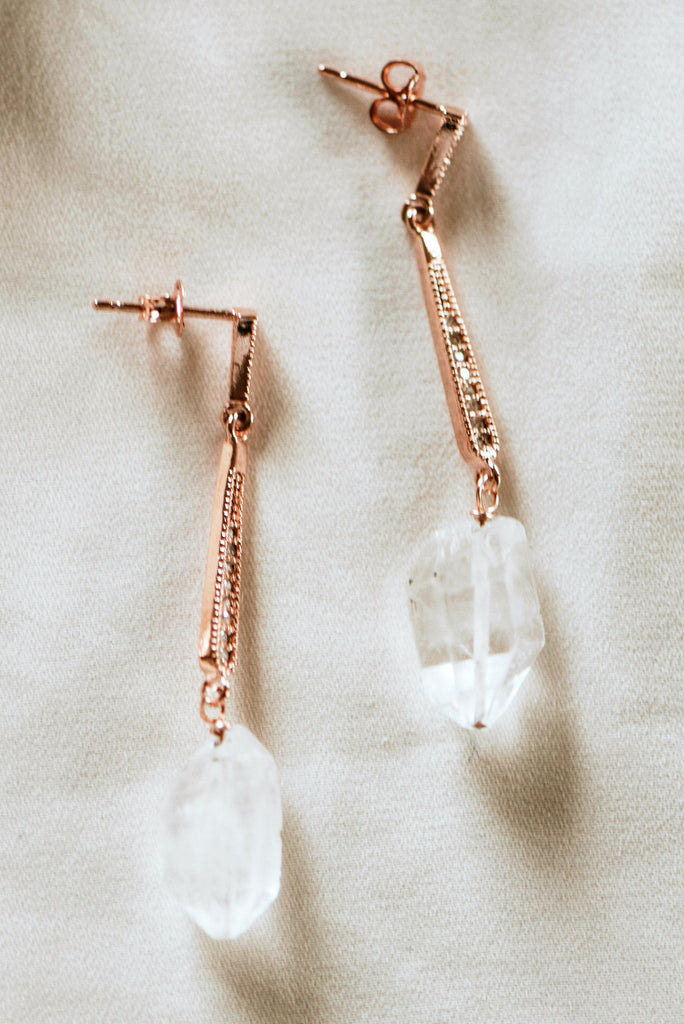 Art deco bridal earrings with rose gold and raw crystals by J'Adorn Designs custom jeweler