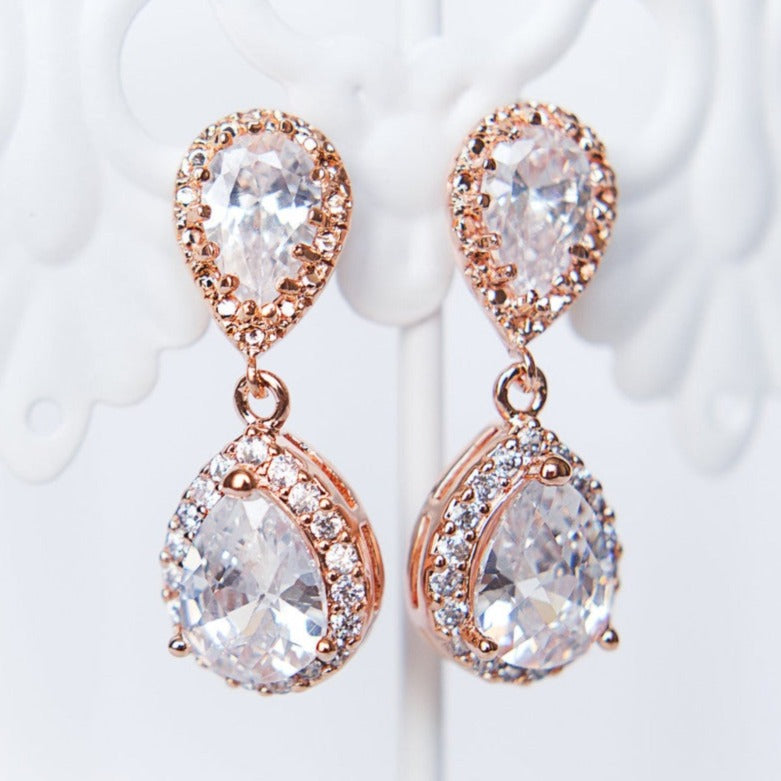 Rose gold wedding jewelry, crystal teardrop bridal earrings, custom jewelry by J'Adorn Designs