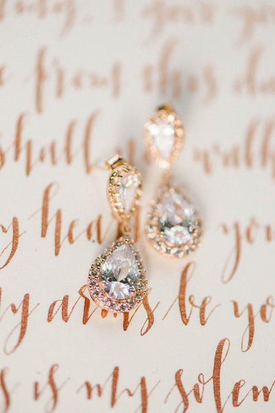 Rose gold crystal teardrop halo earrings by J'Adorn Designs custom jewelry studio