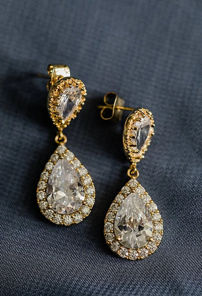 Sparkly gold bridal teardrop earrings, wedding earrings for sensitive ears with hypoallergenic posts, made by J'Adorn Designs handcrafted jewelry in Baltimore Maryland