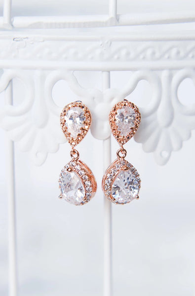 Rose gold earrings for wedding, halo bridal earrings by J'Adorn Designs