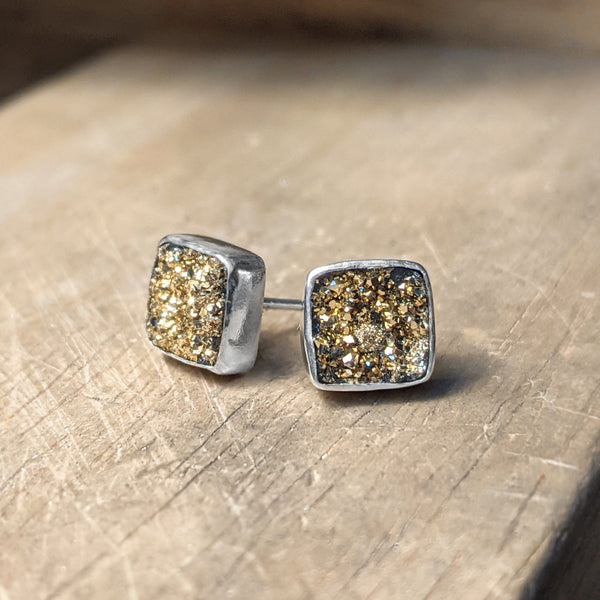 Square Gold Druzy Stud Earrings in Silver