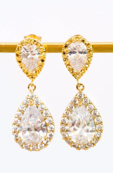 Gold halo earrings, double crystal teardrop earrings, elegant bridal jewelry by J'Adorn Designs