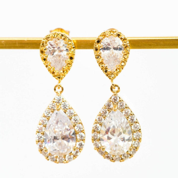 Gold halo earrings, double crystal teardrop earrings, elegant bridal jewelry by J'Adorn Designs