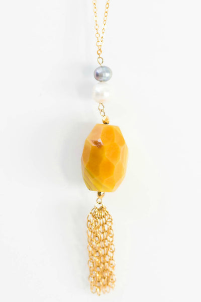 Long tassel gold gemstone necklace by J'Adorn Designs