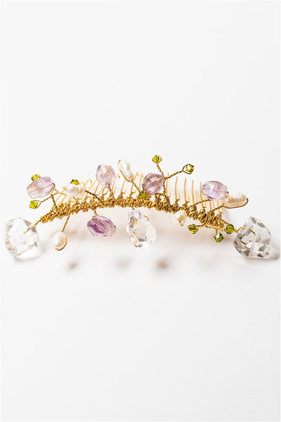 Gemstone garden formal hair comb with purple amethysts, freshwater pearls, clear crystal quartz, and green swarovski crystals by Alison Jefferies for J'Adorn Designs bridal jewelry and hair pieces