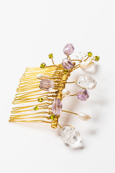 Gemstone garden formal hair comb with purple amethysts, freshwater pearls, clear crystal quartz, and green swarovski crystals by Alison Jefferies for J'Adorn Designs bridal jewelry and hair pieces