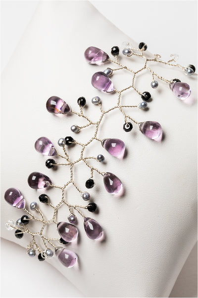 Lightweight sterling silver vine cuff style bracelet with amethyst, freshwater pearls, and black spinel gemstones. Turn it into a jewelry set by coordinating with matching branch earrings, pictured. Handcrafted nature inspired jewelry by J'Adorn Designs artisan Alison Jefferies
