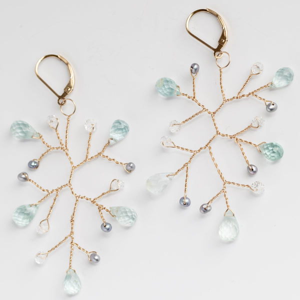 Handcrafted gemstone statement earrings, aquamarine and freshwater pearl branch earrings in gold, lightweight handcrafted earrings by J'Adorn Designs artisan jewelry