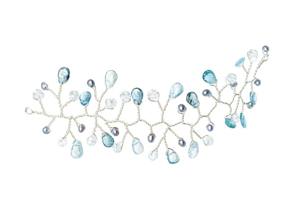 A delicate aquamarine and silver freshwater pearl vine bracelet made by hand with sterling silver wire by J'Adorn Designs fine jewelry artisan Alison Jefferies of Baltimore, Maryland. March birthstone bracelet with aquamarines. Something blue bracelet for a luxury wedding.