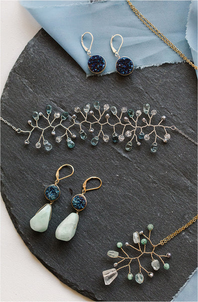 A delicate aquamarine and silver freshwater pearl vine bracelet styled with an emerald vine necklace, blue druzy drop earrings, and blue druzy amazonite earrings by J'Adorn Designs fine jewelry artisan Alison Jefferies of Baltimore, Maryland. March birthstone bracelet with aquamarines. Something blue bracelet for a luxury wedding.