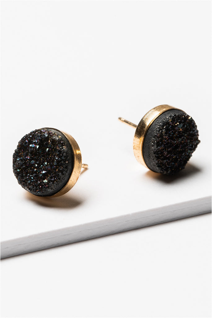 Black druzy gemstone stud earrings in gold. Artisan jewelry and luxury bridal accessories handmade in Maryland by Alison Jefferies of J'Adorn Designs.