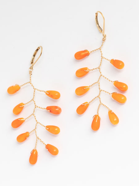Handcrafted gemstone statement earrings, coral branch earrings in gold, lightweight statement earrings by J'Adorn Designs artisan jewelry