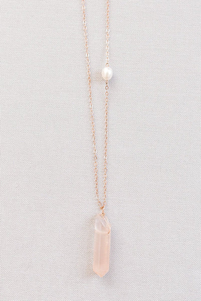 Pink Crystal Spike Necklace with Freshwater Pearl Accent in Rose Gold