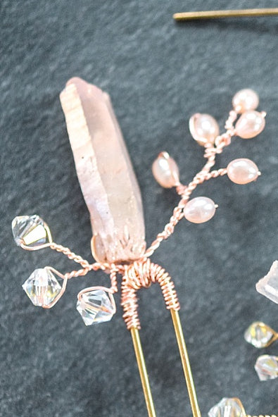 Rose gold raw crystal spike bridal hair pin, pink and rose gold bridal hair accessory, J'Adorn Designs custom bridal jewelry