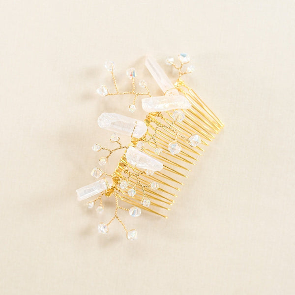 Raw crystal quartz spikes bridal hair comb in yellow gold on a plain tan background, handcrafted heirloom quality hair accessories with real gemstones and pearls by J'Adorn Designs artisan Alison Jefferies