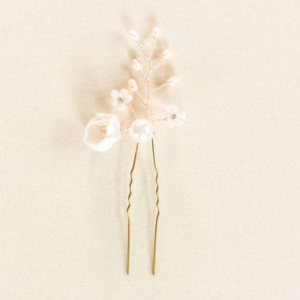 Ivory and gold floral bridal hair pin, realistic floral headpiece, freshwater pearl hair accessory, garden wedding hairpin, J'Adorn Designs custom jewelry and bridal accessories
