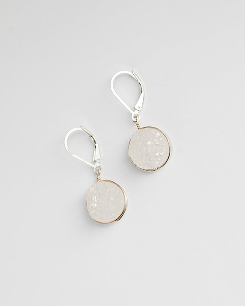 White druzy gemstone earrings in sterling silver, handcrafted jewelry by J'Adorn Designs