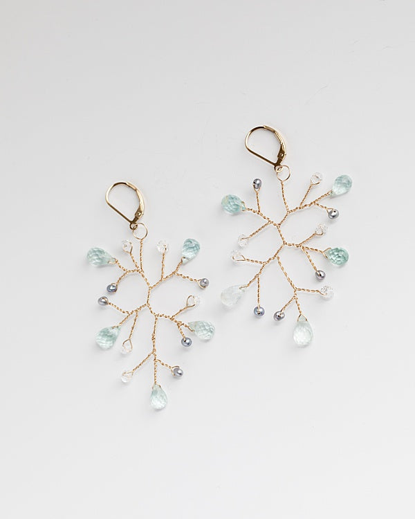 Handcrafted gemstone statement earrings, aquamarine and freshwater pearl branch earrings in gold, lightweight handcrafted earrings by J'Adorn Designs artisan jewelry