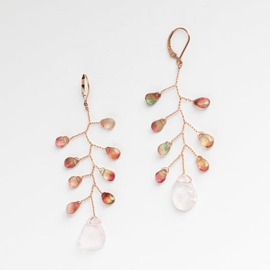 Delicate branch earrings in rose gold with watermelon tourmaline teardrops and rough rose quartz drop, fine handcrafted earrings by J'Adorn Designs custom jewelry and modern bridal accessories