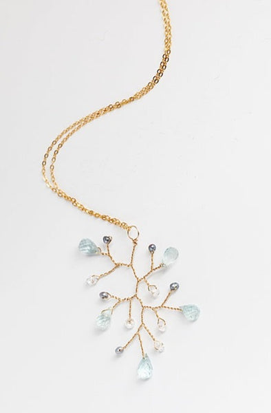 Aquamarine teardrop branch necklace with freshwater pearls and crystals, 18 inch gold necklace with aquamarine pendant, handcrafted gemstone necklace by J'Adorn Designs artisan jewelry 