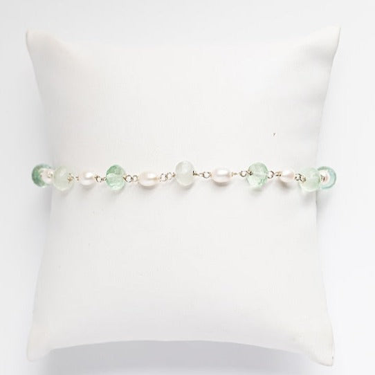 Green fluorite gem and sterling silver freshwater pearl link bracelet with wire wrapping; Handcrafted gemstone bracelet by J'Adorn Designs custom jewelry