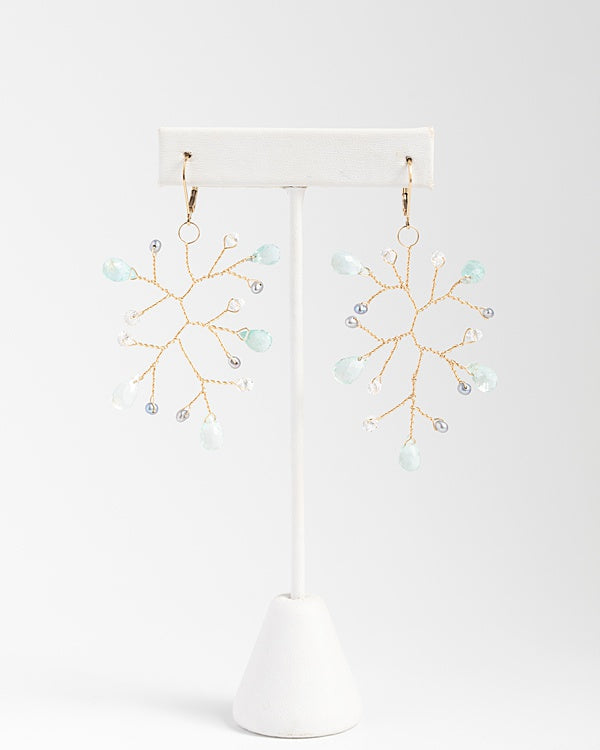 Handcrafted gemstone statement earrings, aquamarine and freshwater pearl branch earrings in gold, lightweight handcrafted earrings by J'Adorn Designs artisan jewelry
