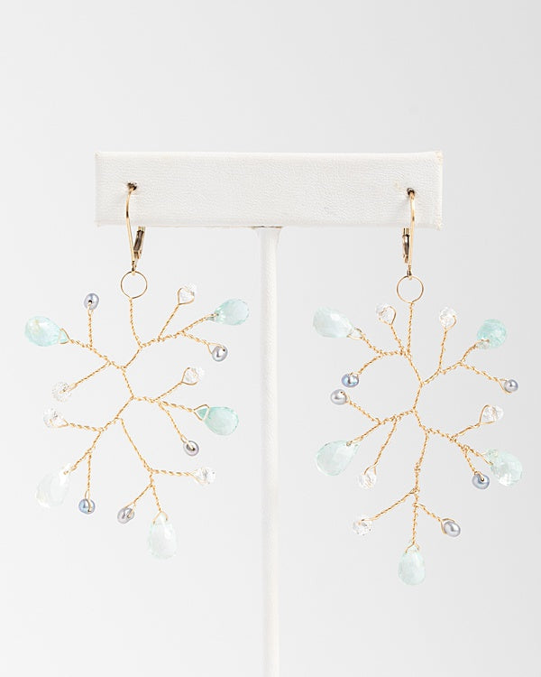 Handcrafted gemstone statement earrings, aquamarine and freshwater pearl branch earrings in gold, lightweight handcrafted earrings by J'Adorn Designs artisan jewelry