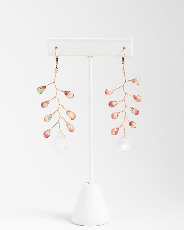 Delicate branch earrings in rose gold with watermelon tourmaline teardrops and rough rose quartz drop, fine handcrafted earrings by J'Adorn Designs custom jewelry and modern bridal accessories