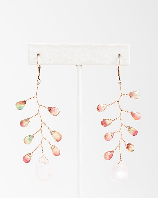 Delicate branch earrings in rose gold with watermelon tourmaline teardrops and rough rose quartz drop, fine handcrafted earrings by J'Adorn Designs custom jewelry and modern bridal accessories