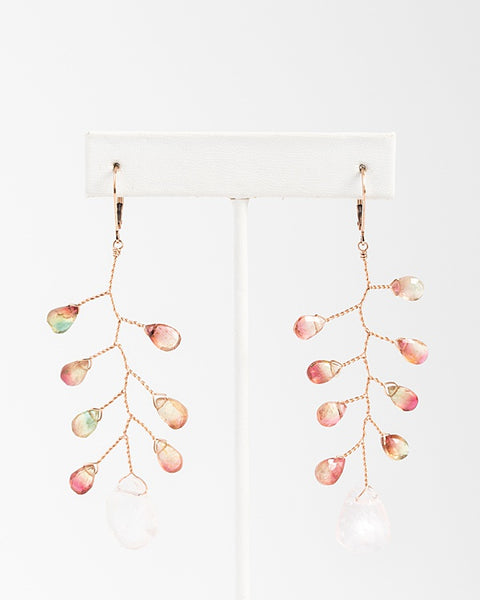 Delicate branch earrings in rose gold with watermelon tourmaline teardrops and rough rose quartz drop, fine handcrafted earrings by J'Adorn Designs custom jewelry and modern bridal accessories