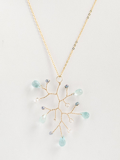 Aquamarine teardrop branch necklace with freshwater pearls and crystals, 18 inch gold necklace with aquamarine pendant, handcrafted gemstone necklace by J'Adorn Designs artisan jewelry 