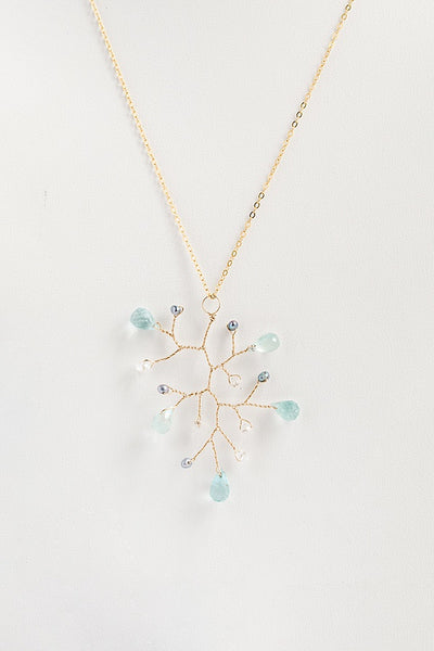 Aquamarine teardrop branch necklace with freshwater pearls and crystals, 18 inch gold necklace with aquamarine pendant, handcrafted gemstone necklace by J'Adorn Designs artisan jewelry 