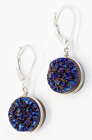 Round blue violet druzy gemstone earrings with sterling silver wire wrapping and leverback earring hooks. Handcrafted druzy jewelry by J'Adorn Designs jewelry artisan Alison Jefferies
