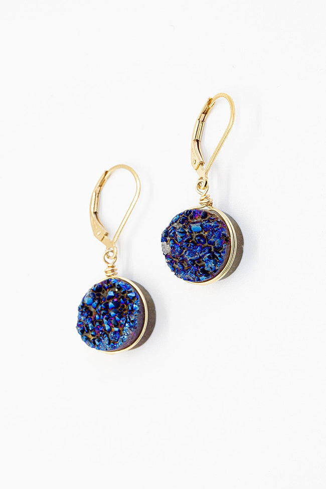 Round violet druzy wire-wrapped drop earrings with 14k gold filled leverback earrings by J'Adorn Designs jewelry artisan Alison Jefferies