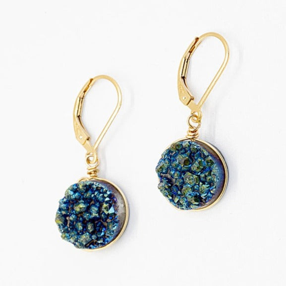 Teal druzy drop earrings in gold by J'Adorn Designs jewelry designer Alison Jeffieries