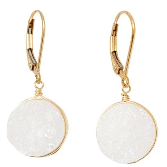 Round white druzy drop earrings with gold wire wrap and leverback earrings by J'Adorn Designs