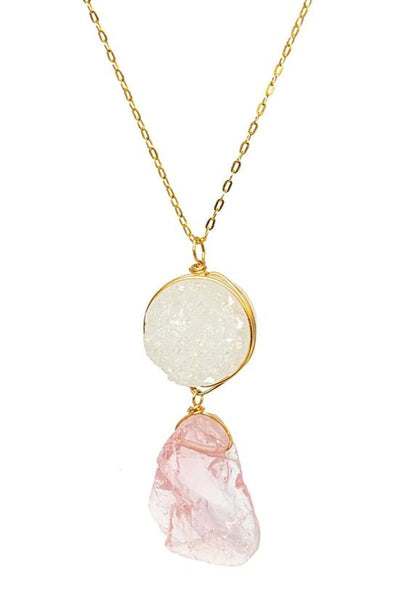 White druzy and rough rose quartz pendant necklace with thin delicate gold chain. Pink and white gemstone necklace by J'Adorn Designs jewelry designer Alison Jefferies.