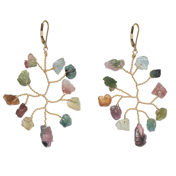 Gold branch shape earrings with rough rainbow tourmaline gemstones in a wire wrapped design with 14k gold filled lever back earrings. Handcrafted earrings made by J'Adorn Designs artisan Alison Jefferies of Baltimore, MD.