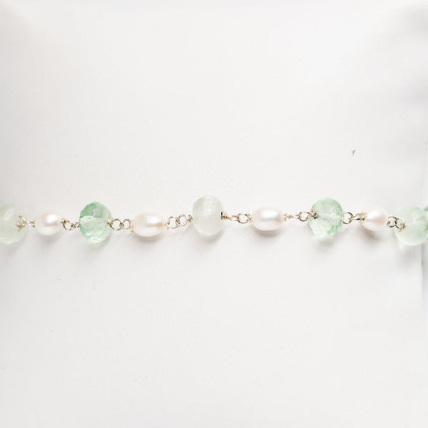 Green fluorite gem and sterling silver freshwater pearl link bracelet with wire wrapping; Handcrafted gemstone bracelet by J'Adorn Designs custom jewelry
