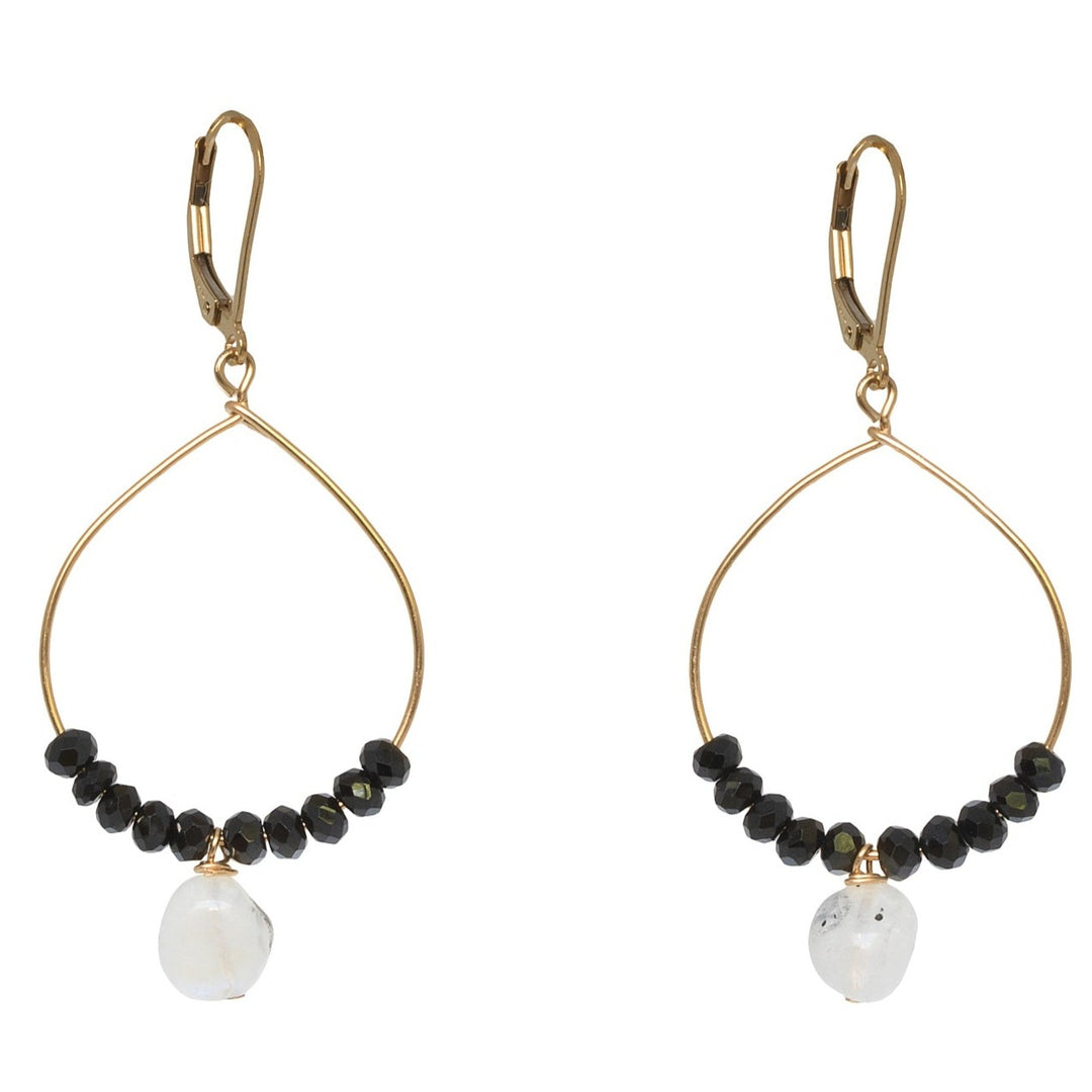 Black and gold handcrafted hoop earrings for sale. A pair of delicate gold hoops with black spinel and moonstone bead accents for luxury fashion or a jewelry gift idea. Artisan jewelry and luxury bridal accessories handmade in Maryland by Alison Jefferies of J'Adorn Designs.