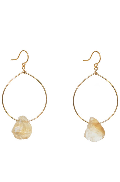 One pair of gold hoop earrings for sale with rough citrine teardrops. 14k gold filled modern hoop earrings for fashion or a jewelry gift idea. Artisan jewelry and luxury bridal accessories handmade in Maryland by Alison Jefferies of J'Adorn Designs.