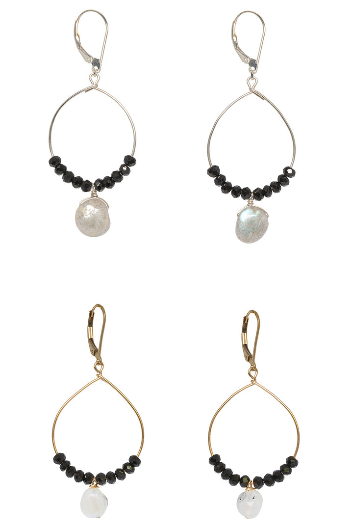 Two pairs of fine handcrafted hoop earrings. A pair of black and gold handcrafted hoop earrings with another pair of silver hoops with labradorite drops. Delicate gold and silver hoops for luxury fashion or a jewelry gift idea. Artisan jewelry and luxury bridal accessories handmade in Maryland by Alison Jefferies of J'Adorn Designs.