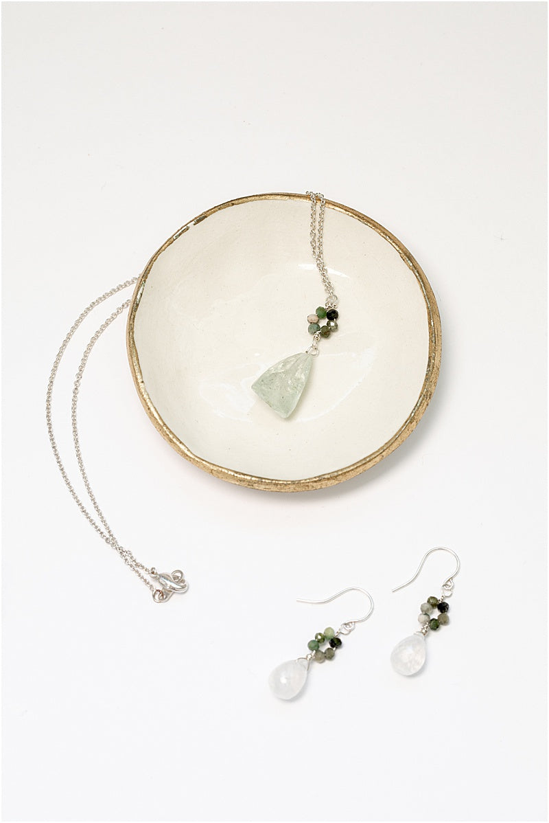 Oceanic pendant necklace in silver with a blue and green "flower" pendant and long light blue faceted drop pendant. Sterling silver necklace in cool ocean colors, handcrafted by J'Adorn Designs artisan Alison Jefferies
