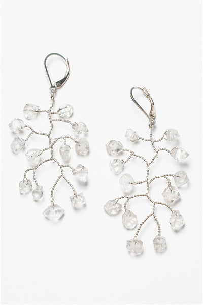 Modern freeform branch earrings in sterling silver with herkimer diamond crystal quartz gemstone accents. Lightweight bridal earrings for a modern wedding by J'Adorn Designs custom jewelry.