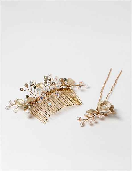 Gold Leaves Hair Comb: an heirloom quality handcrafted bridal hair comb made with Swarovski crystals, genuine freshwater pearls in ivory and green, and matte textured golden leaves on a shiny gold comb. A flexible wedding hair accessory made to last, by Alison Jefferies of J'Adorn Designs custom jewelry and modern wedding accessories.