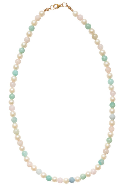 One handcrafted strung pearl necklace in rainbow pastel colors, made with white freshwater pearls and beryl beads with a 14k gold filled clasp. Artisan jewelry and luxury bridal accessories handmade in Maryland by Alison Jefferies of J'Adorn Designs.