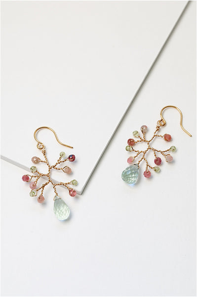 Delicate wire-wrapped branch earrings in gold with peridot, tourmaline, and aquamarine gemstones. Handcrafted artisan jewelry by Alison Jefferies for J'Adorn Designs custom jewelry and modern bridal accessories.