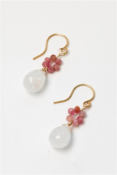 Gold flower earrings with moonstone drops and tourmaline flowers in pink. Handcrafted earrings and custom jewelry by J'Adorn Designs artisan Alison Jefferies