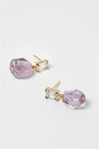 Amethyst bridal stud earrings, emerald cut posts with light purple faceted amethyst drops and sterling silver earring posts. Hypoallergenic comfortable bridal jewelry for a modern wedding with simple style, by J'Adorn Designs artisan Alison Jefferies.